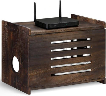 Wooden Router Box Hider Large Charcoal Retro with Cable Management, Modern Wifi Router Shelf Storage Box Wifi Box Hider for Home and Office