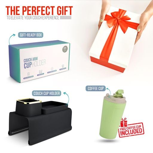 LifeBox Couch Cup Holder Tray & Coffee Cup - Silicone Sofa Cup Holder Couch Arm Rest - Cup Holder Couch Caddy - Cup Holder for Recliner Chair Arm - Couch Remote Holder for Couch Arm Table Black