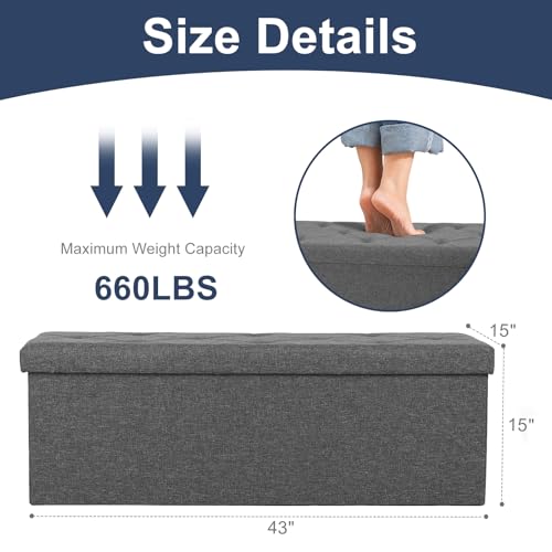 DUMOS 43 Inch Folding Storage Ottoman Bench, Large Ottoman with Storage | Storage Chest with Thicker Foam Padded Seat, End of Bed Foot Rest Stool for Bedroom Living Room Entryway, Load 660 lbs, Grey