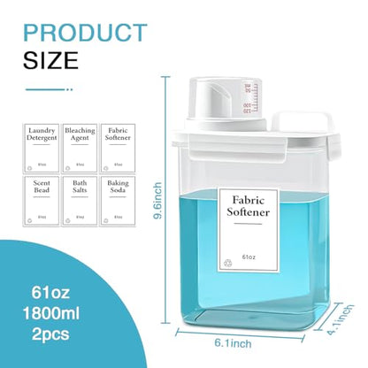 2 Pack Laundry Detergent Dispenser, 61oz Detergent Dispenser, Refluxable Laundry Detergent Container, Plastic Liquid Laundry Detergent Dispenser for Laundry Room Organization with 6 Labels