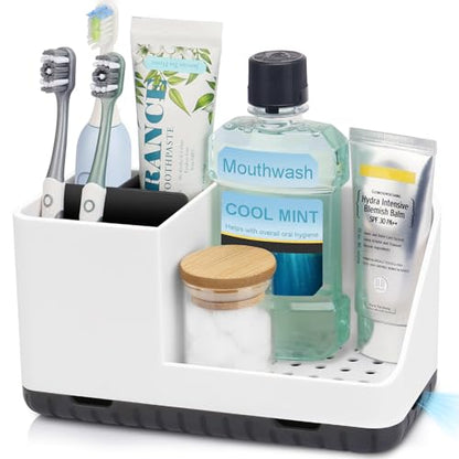Toothbrush Holders for Bathroom Counter Organizer and Storage (White) | Easy To Clean, Drainage, Non-Slip, Detachable, Kids Electric Toothbrush and Toothpaste Holder for Bathroom