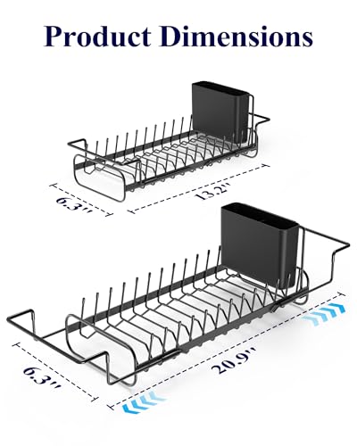 Kitsure Expandable Dish Rack for Kitchen Counter, Medium, Black | Over Sink Or In Sink Dish Drying Rack, Dish Drainer with Cutlery Holder & Drip Tray, 14.0"-20.9"L x 6.3"W x 8.0"H