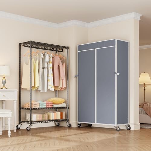 Higeego H4 Heavy Duty Clothes Rack, Black Clothing Rack with Grey Cover | Rolling Clothes Rack with Cover, Garment Rack on Wheels, Portable Closet for Hanging Clothes, Max Load 380LBS