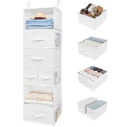 GRANNY SAYS Hanging Closet Organizer and Storage, 6 Shelf Clothes Organization with Drawers, 6 Side Pockets Closet Hanging Shelves for Bras, Socks, Underwear, Nursery Room, Wardrobe, White, 1-Pack