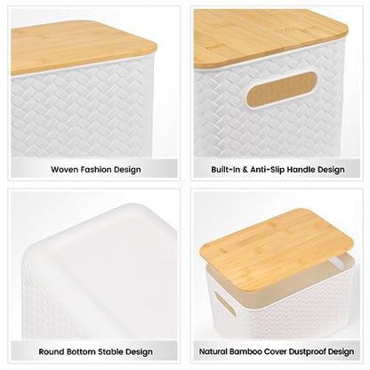 Ohmlove 4 Packs Storage Bins with Bamboo Lids - Plastic Storage Containers with Lids Stackable Storage Box：Storages Baskets for Organizing Desktop Closet Playroom Classroom Office,White