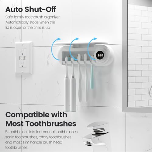 MIMORE Toothbrush Holder Wall Mounted, 5 Slots with 6-Minute Timer | Toothbrush Cleaner, Holds 5 Toothbrushes, for Family Bathroom, Fits Most Sizes, Easy Wall Mount with Adhesive Strips & Screws