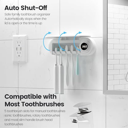 MIMORE Toothbrush Holder Wall Mounted, 5 Slots with 6-Minute Timer | Toothbrush Cleaner, Holds 5 Toothbrushes, for Family Bathroom, Fits Most Sizes, Easy Wall Mount with Adhesive Strips & Screws