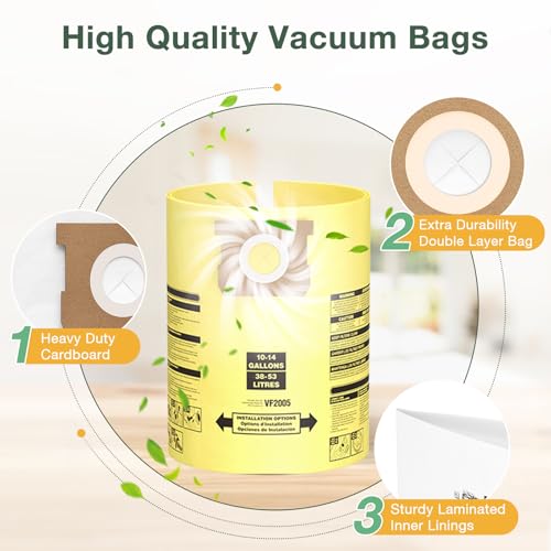 10PCS 10-14 Gallon Vacuum Bags for Shop Vac Bags | Disposable Wet Dry Vaccum Collection Bags, Replace Part Type I #90672 9067200, Type F #90662 9066200 9066233, VF2005 (Yellow)
