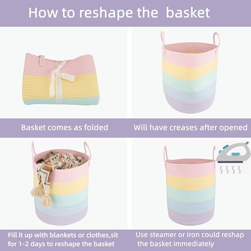 XUANGUO Rope Laundry Basket Hamper for Kids Girl, rainbow | Woven Storage Basket for Living Room Bedroom Boho Tall Baskets for Blanket Toys Pillow Towels Baby Nursery Hamper Bin