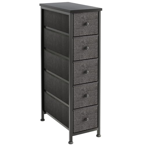 Narrow Dresser, 19" Wide Narrow Nightstand Dresser Storage Tower with 5 Drawers, Slim Fabric Dressers Chest of Drawers for Small Spaces, Wood Top & Fabric Bins for Bedroom Bathroom Closet (Black)