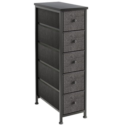 Narrow Dresser, 19" Wide Narrow Nightstand Dresser Storage Tower with 5 Drawers, Slim Fabric Dressers Chest of Drawers for Small Spaces, Wood Top & Fabric Bins for Bedroom Bathroom Closet (Black)