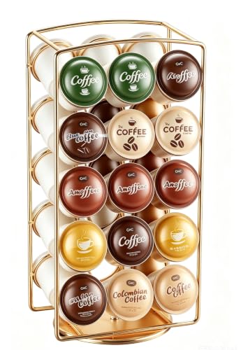 Tabletop K Cup Holder, Coffee Pod Stand Holder, K-Cups Capsule Storage Rack for 30 pods, 360 degrees rotatable, No Assembly Required, Gold