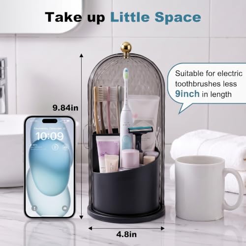 Toothbrush Holders with Sliding Lid, Rotating 3 Slots Bathroom Organizer Countertop, Tooth Brush Toothpaste Holder Bathroom Counter Stand Caddy for Vanity Makeup Brushes Holder (Black)