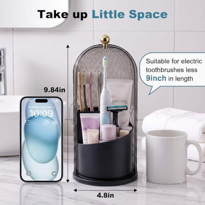 Toothbrush Holders with Sliding Lid, Rotating 3 Slots Bathroom Organizer Countertop, Tooth Brush Toothpaste Holder Bathroom Counter Stand Caddy for Vanity Makeup Brushes Holder (Black)
