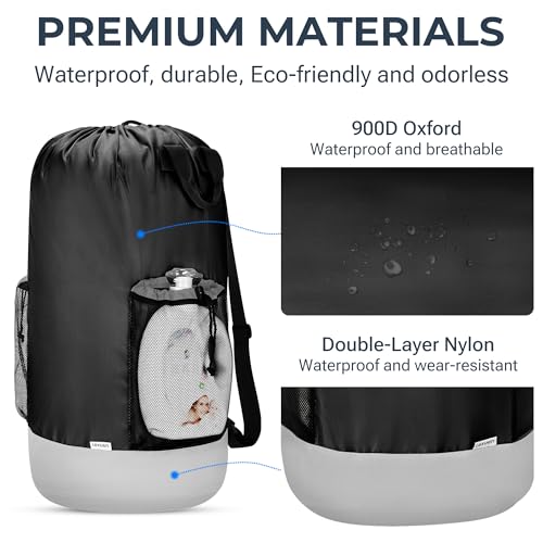Large Backpack Laundry Bag (29" H × 15" Dia), Waterproof Clothes Hamper Bag, 900D Oxford Fabric Body and Double-Layer Nylon Base, Perfect for College Dorm, Travel, Apartment, Laundromat (Black)
