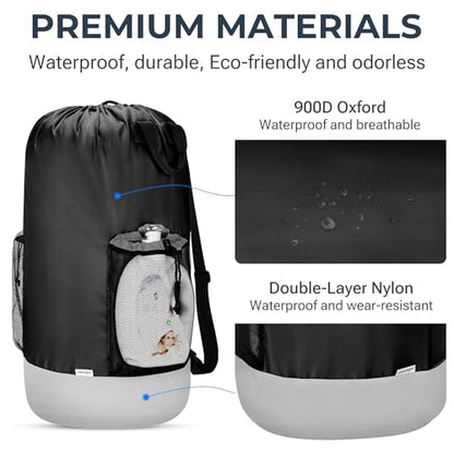 Large Backpack Laundry Bag (29" H × 15" Dia), Waterproof Clothes Hamper Bag, 900D Oxford Fabric Body and Double-Layer Nylon Base, Perfect for College Dorm, Travel, Apartment, Laundromat (Black)