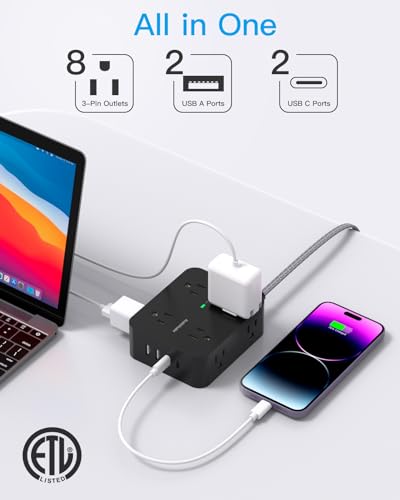 HANYCONY Surge Protector Power Strip, 1080J, 5 Ft Braided Extension Cord | 8 Outlets 4 USB Ports(2 USB C), Outlet Extender, Flat Plug, Wall Mount, Desk Charging Station, Home Office, Dorm Room ETL