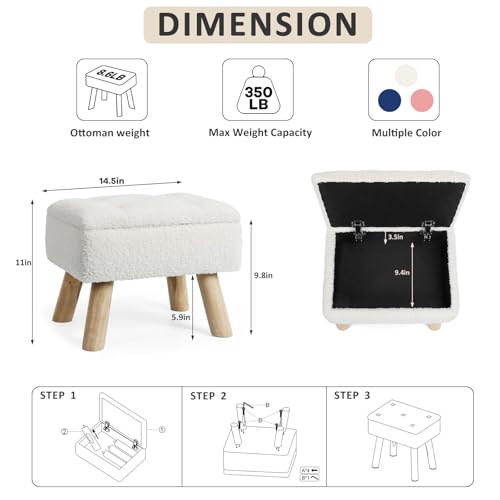 Storage Ottoman, Small Foot Stool Ottoman with Storage, Boucle Teddy Velvet Foot Rest with Padded Seat, Sturdy Wood Legs Stool for Living Room, Bedroom, Couch, Enterway (Cream)