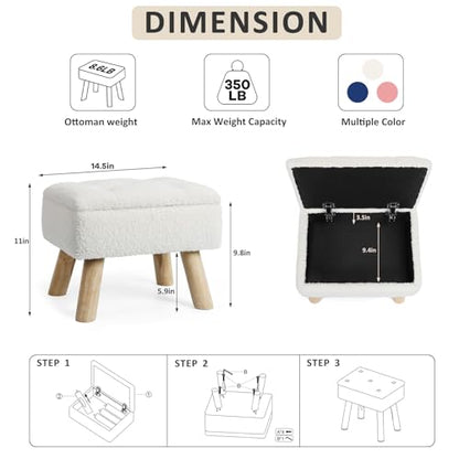 Storage Ottoman, Small Foot Stool Ottoman with Storage, Boucle Teddy Velvet Foot Rest with Padded Seat, Sturdy Wood Legs Stool for Living Room, Bedroom, Couch, Enterway (Cream)