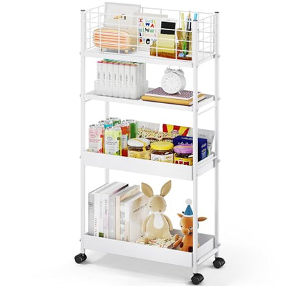 KINGRACK 4 Tier Slim Rolling Cart, Metal Utility Storage Cart with Wheels | 5.7" Raised Edge, Narrow Space Trolley Organizer for Bathroom, Kitchen, Office, Dorm, Laundry, Living Room, White