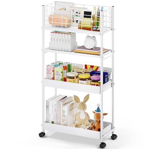 KINGRACK 4 Tier Slim Rolling Cart, Metal Utility Storage Cart with Wheels | 5.7" Raised Edge, Narrow Space Trolley Organizer for Bathroom, Kitchen, Office, Dorm, Laundry, Living Room, White