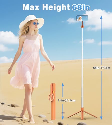 TONEOF Magnetic Selfie Stick Tripod with Aluminum Strong Magnetic Holder for Magsafe, 360° Rotatable Travel Phone Tripod Stand with Metal Ring & Rechargeable Remote for iPhone/Android