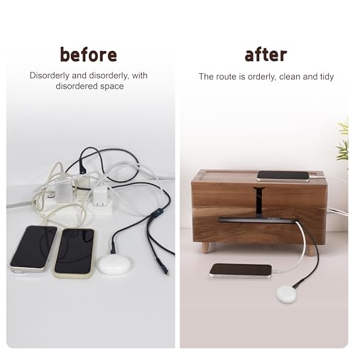 Brown Wood Large Cable Management Box for Power Strip and Cord Hideaway | Large solid wood cable box fits 13" power strips, detachable legs, air vents, child-safe lid, tool-free, hides 6-8 cords.