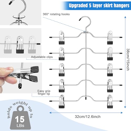 Pants Skirt Hangers with Clips 2 Pack 5 Tier | Pant Hangers Skirt Hangers Space Saving Closet Hanger Organizer Closet Organizers and Storage