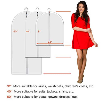 Hanging Garment Bags 7 Piece Set - 60 Inch Translucent Dust Proof Clothes Bag White Breathable Full Zipper Dust Cover for Suit Dance Costumes Gown Dress.