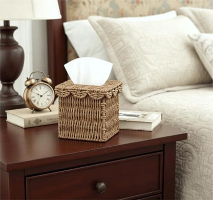 CubesLand Square Wicker Tissue Box Cover W/Scalloped Lid for Home Decor | Handwoven Rattan Facial Tissues Boxes Fits Living Room Table Decor, Rustic Farmhouse Boho Bathroom Decorative, Neutral