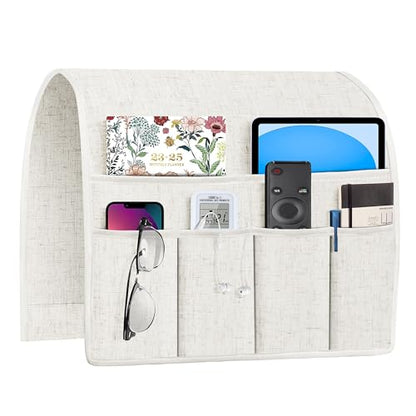 Joywell Remote Holder for Recliner Armchair Caddy Couch Armrest Remote Control Holder Non Slip Sofa Arm Chair Caddie with 6 Pocket for Magazine, Tablet, Phone, iPad, Think Linen, Natural