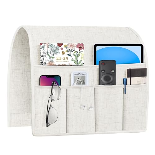 Joywell Remote Holder for Recliner Armchair Caddy Couch Armrest Remote Control Holder Non Slip Sofa Arm Chair Caddie with 6 Pocket for Magazine, Tablet, Phone, iPad, Think Linen, Natural