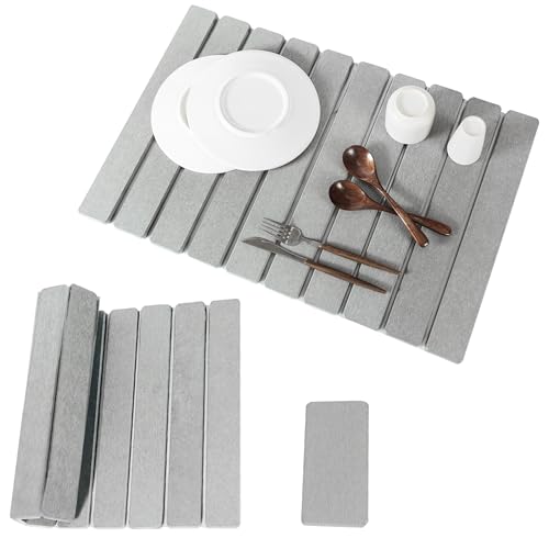 2pcs Stone Dish Drying Mat for Kitchen Counter, Quick-Dry Diatomaceous Earth Water Absorbent Pad & Countertop Drainer, Home Essentials for Bath and Pets - Light Grey, 24x16’’ & 8x4’’