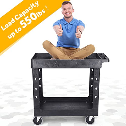 2-Tier Utility Rolling Cart, 34 x 17 in, 5" Swivel Wheels, 550lb | Deep Tub Shelves, Plastic Service Cart, Work Cart, Tool Cart, Tub Storage Organizer, Warehouse Garage Cleaning Supplies