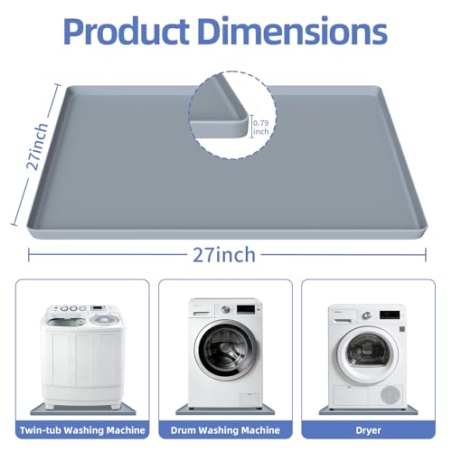 27x27 Inch Foldable Silicone Washing Machine Drain Pan Grey | 0.78 Inch Raised Lip, Waterproof Leak Proof, Non Slip Drain Tray, For Washer, Dryer, Fridge, Dishwasher