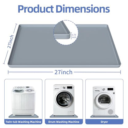 27x27 Inch Foldable Silicone Washing Machine Drain Pan Grey | 0.78 Inch Raised Lip, Waterproof Leak Proof, Non Slip Drain Tray, For Washer, Dryer, Fridge, Dishwasher