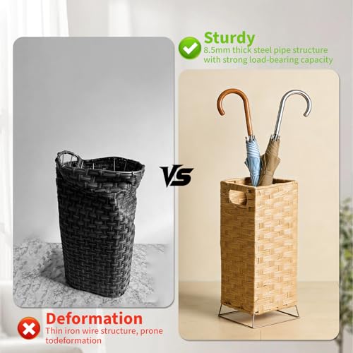 Umbrella Holder for Entryway - Handwoven Rattan Umbrella Stand Indoor with Water Reservoir Base, Durable Metal Hooks & Drip Tray, Stylish Umbrella Basket and Umbrella Storage Bucket
