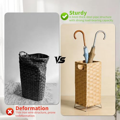 Umbrella Holder for Entryway - Handwoven Rattan Umbrella Stand Indoor with Water Reservoir Base, Durable Metal Hooks & Drip Tray, Stylish Umbrella Basket and Umbrella Storage Bucket