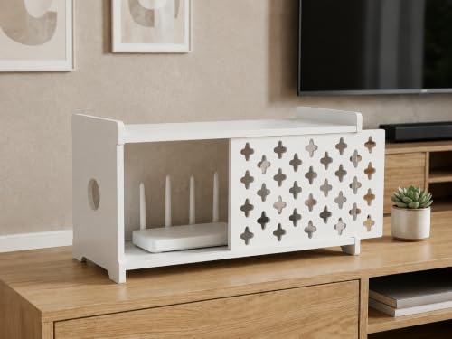 SKAGIT White Wooden WiFi Router Storage Box Hider, Decorative Projector Box Hider Rack Countertop, Cable Management Organizer for Modem, Router, Power Strip, and Small Accessories