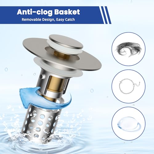 Universal Bathroom Sink Drain Strainer Hair Catcher, Brushed Nickel | Upgraded with Removable Stainless Steel Filter Basket, 3 in 1 Pop Up Sink Stopper for 1.1''~2.36'' Sink Basin Hole
