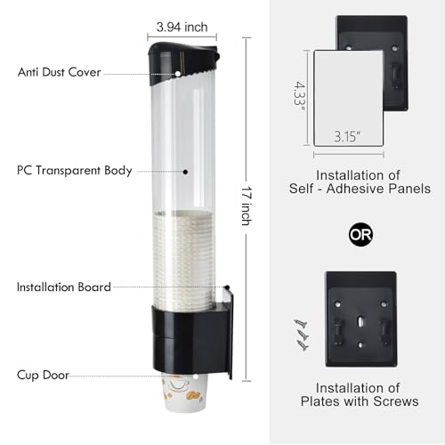 LBTING Cup Dispenser, Fits 7oz - 12oz Cone or Flat Bottom Cups | Water Cooler Pull Type Cup Holder, Paste or Screw Plate Wall Mount, Black, 16.9" Tube Length