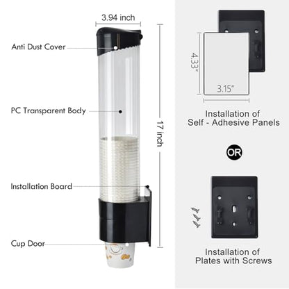 LBTING Cup Dispenser, Fits 7oz - 12oz Cone or Flat Bottom Cups | Water Cooler Pull Type Cup Holder, Paste or Screw Plate Wall Mount, Black, 16.9" Tube Length