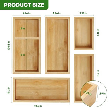 Bamboo Drawer Organizer Set, Individual Wood Storage Organizers | 5 PCS Multi-Use Junk Drawer Divider, Storage Trays Containers for Kitchen, Bathroom, Office Desk, Makeup, Jewelry, Utensils
