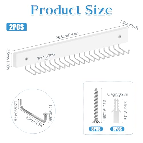 2 Pcs Tie Rack Wall Mounted, Wooden Tie Belt Organizer with 40 Hooks Non Slip 180 Degree Space Saving Hangers with Screws for Ties, Keys, Scarves, Tops, Belt, Bags (White)