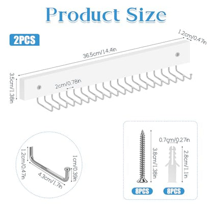 2 Pcs Tie Rack Wall Mounted, Wooden Tie Belt Organizer with 40 Hooks Non Slip 180 Degree Space Saving Hangers with Screws for Ties, Keys, Scarves, Tops, Belt, Bags (White)