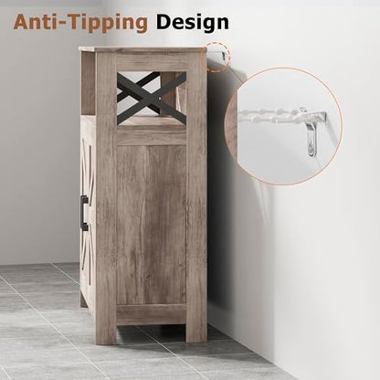 Homhedy Farmhouse Bathroom Storage Cabinet with Doors, Small Floor Cabinet | Toilet Paper Cabinet with Adjustable Shelf, Freestanding Storage Cabinet for Kitchen/Laundry/Living Room, 24"W, Greige