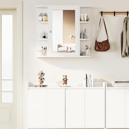 Shintenchi Bathroom Medicine Cabinet with Mirror, Wall Mounted, White | Mirrored Door Over the Toilet Storage, with 4 Internal and 6 Open Shelves, Storage Organizer Cupboard, Easy to Assemble