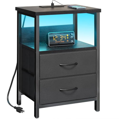 Fixwal Night Stand with Charging Station (2 AC Outlets & 2 U-S-B Ports) LED Nightstand Small Dorm Room Furniture, 2 Fabric Storage Drawers, Bedside Table End Tables Bedroom, Modern Black