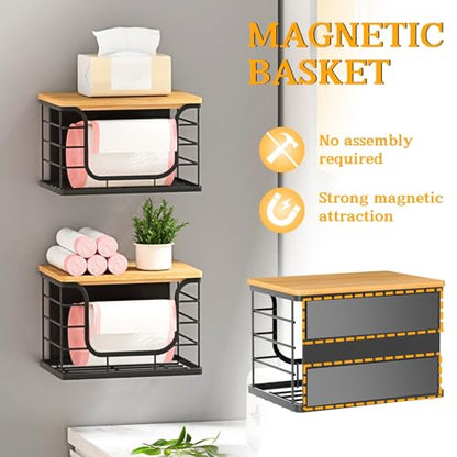 Magnetic Shelf for Fridge Trash Bag Organizer, 2 Pack, Black | Stackable Garbage Bag Holder, Bamboo Lid, Magnetic Storage Bin, For Refrigerator, Under Sink, Kitchen, Pantry