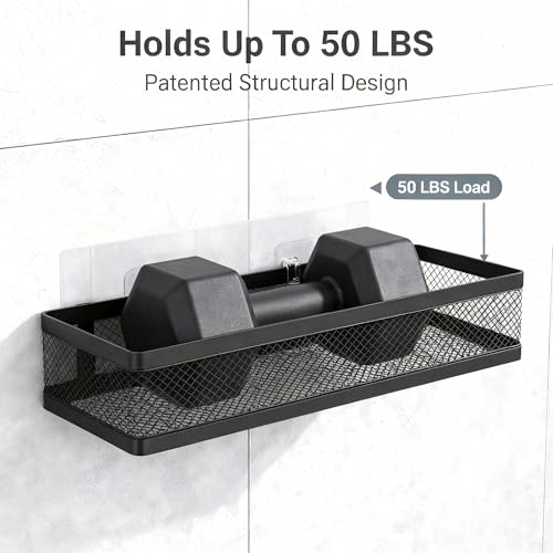 PUSDON 16.5-Inch Extra Long Slim Mesh Shower Caddy, Wall Mounted Bathroom Organizer with Adhesive, Heavy Duty Rustproof Shelf for Narrow Kitchen Pantry & RV, Holds 50 LBS 2-Pack - Matte Black Netting
